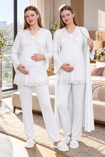 MECİT 1517 Sabahlıklı Hamile Lohusa Pijama Takımı - Ekru